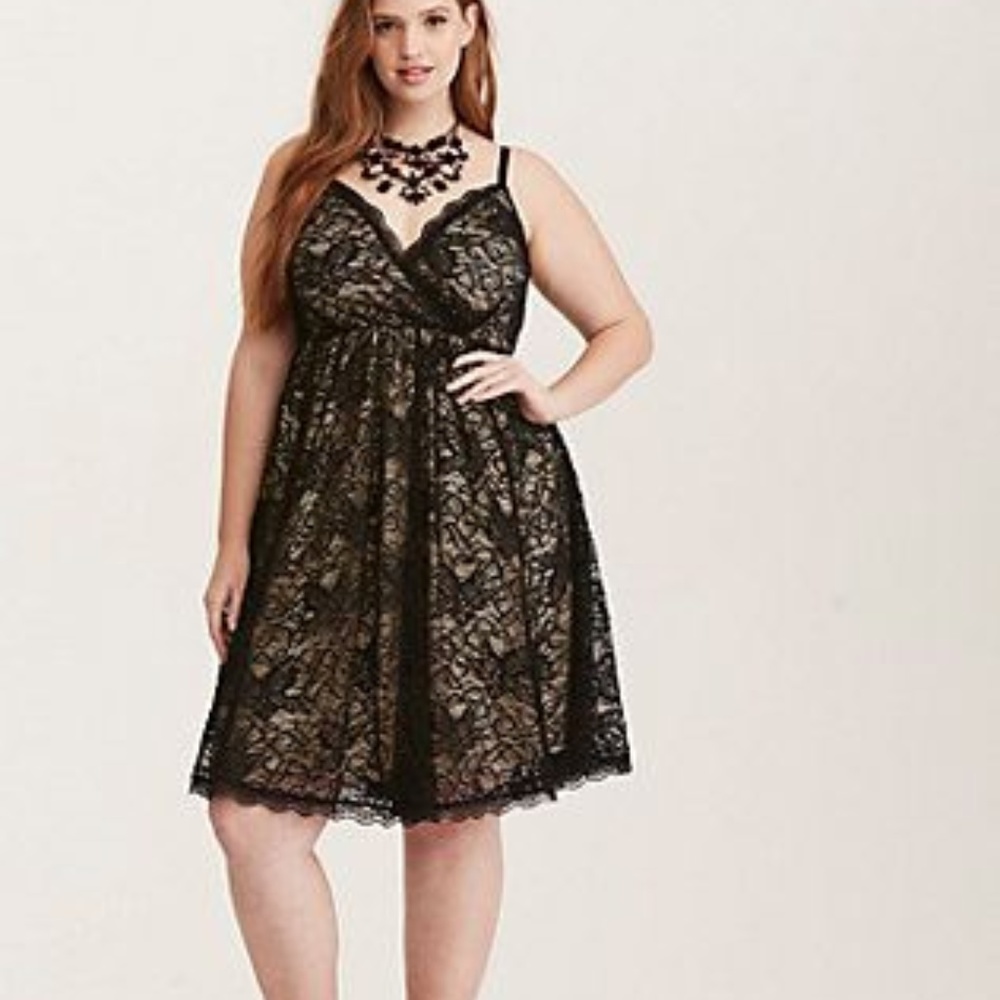 Torrid Black & Nude Lace Surplice Skater Dress